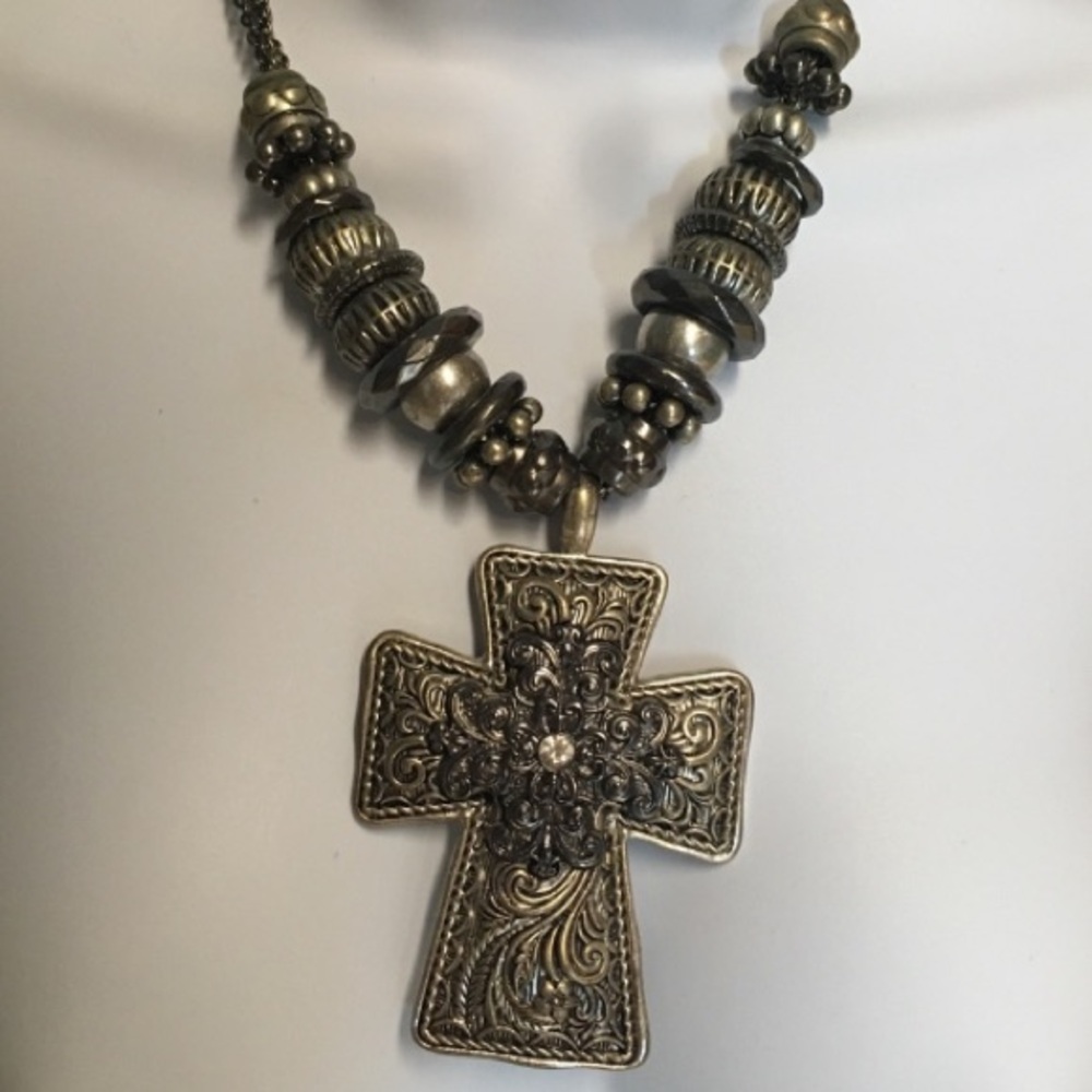 Long Antiqued Silver Cross Necklace